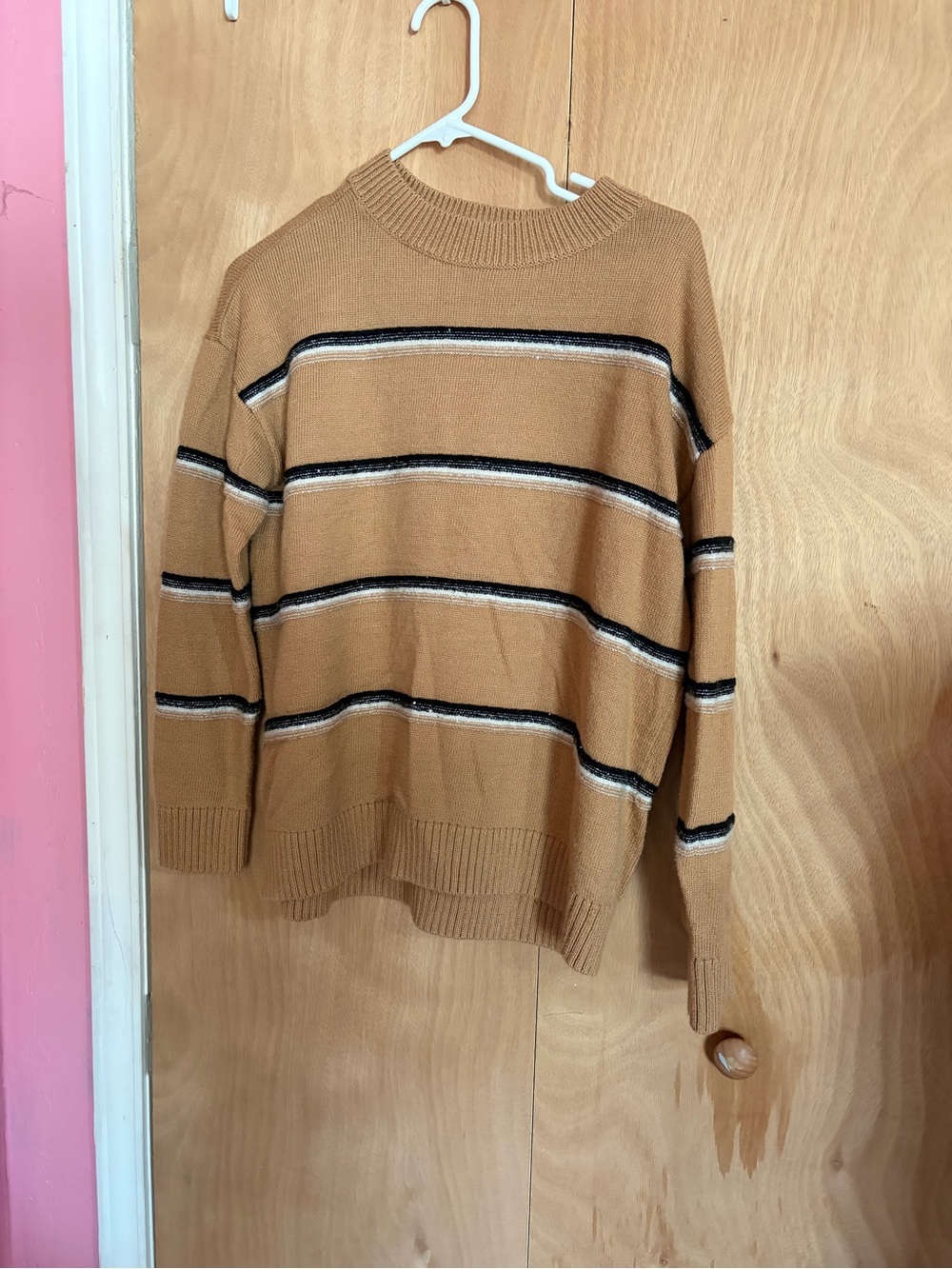 Talbots Camel Crewneck Sweater with Black & Cream Stripes